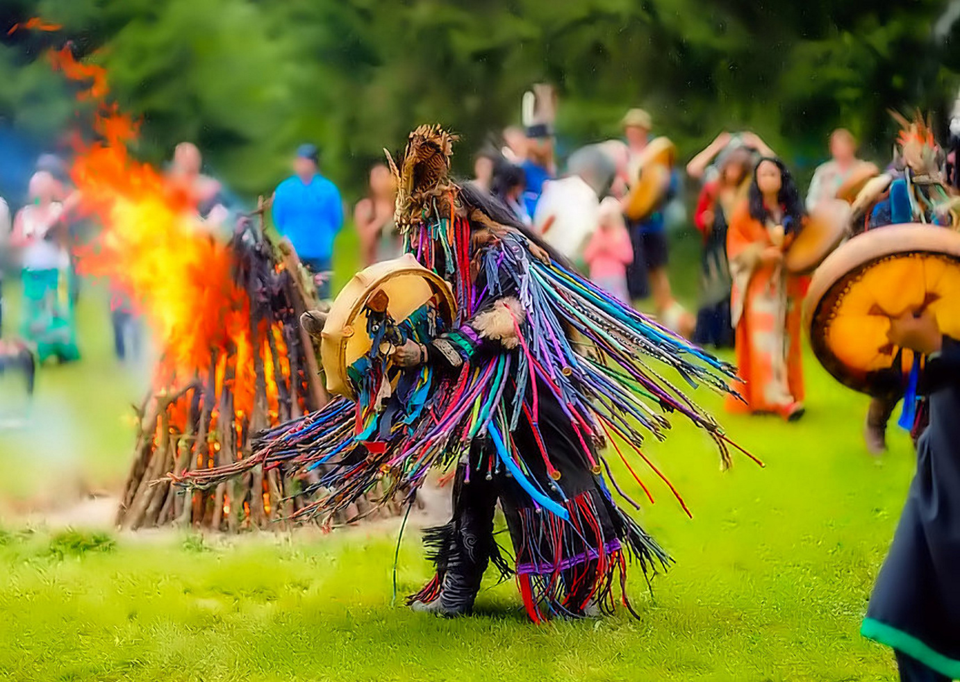 Shaman festival, fire ritual to the sound of shaman tambourines